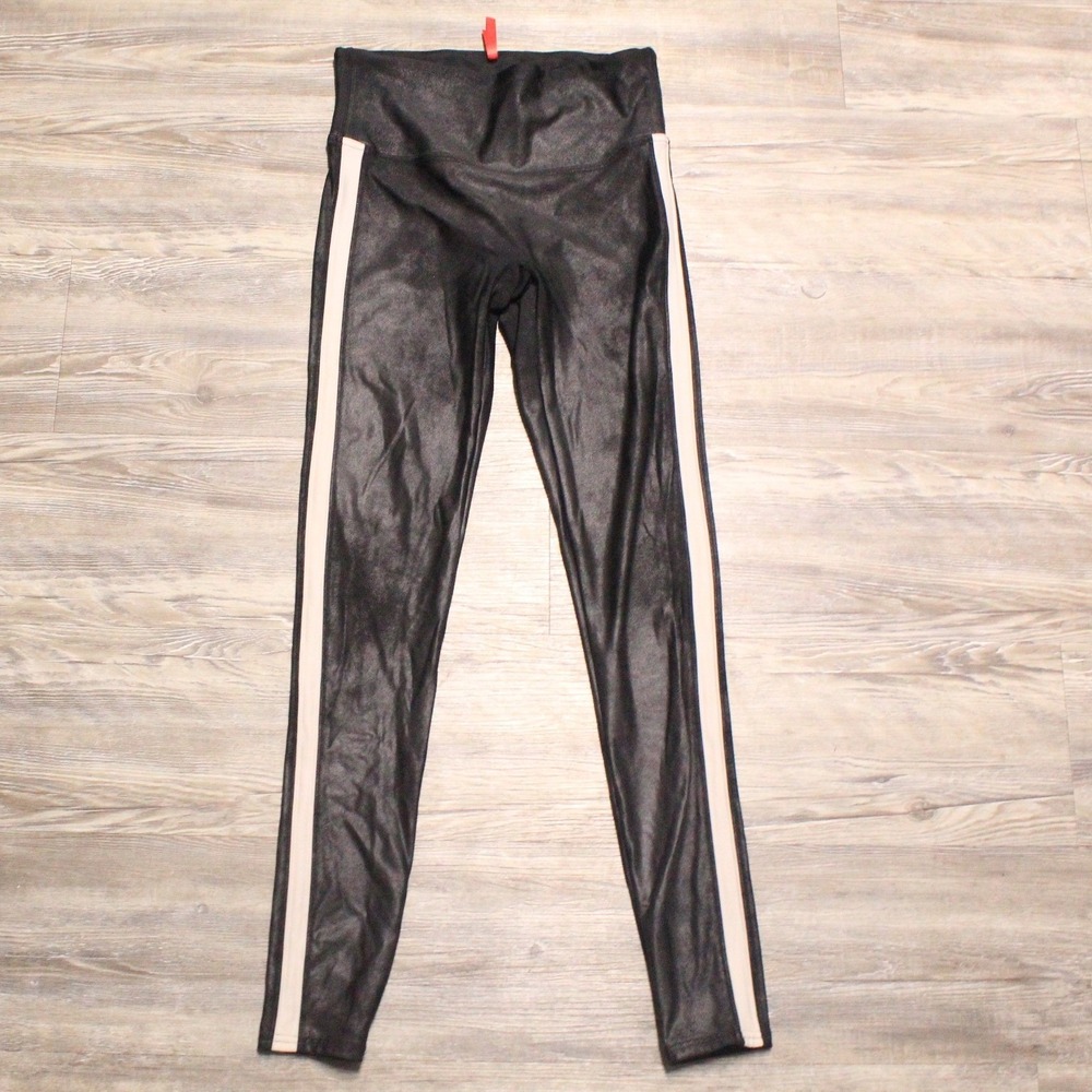 Spanx Black Faux Leather Side Stripe Leggings Womens Medium High Waist Shaping